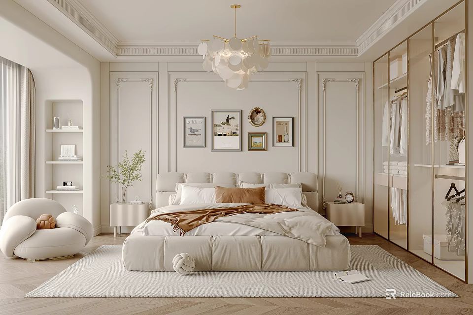 Elegant Bedroom Interior Design With Large Bed Chandelier Built in Wardrobe And Decorative Wall Art 3d model 