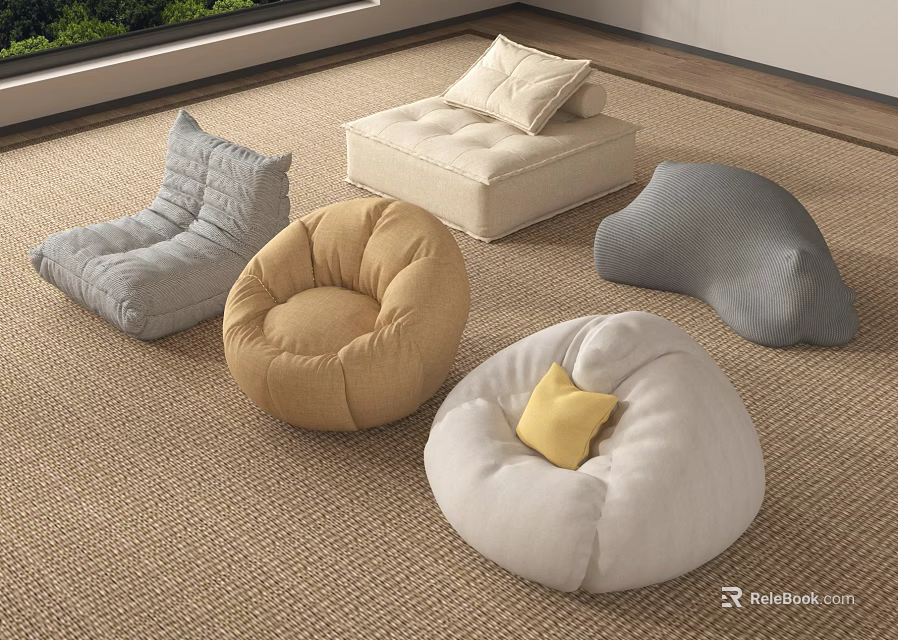 Comfortable Bean Bag Chairs In Multiple Colors And Shapes For Living Room Floor Setting 3d model 