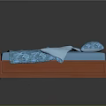 Traditional Wooden Bed With Mahogany Frame Blue Patterned Bedspread And Pillow