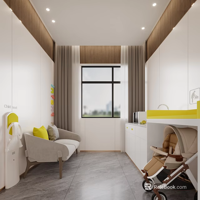 Bright Nursery Room With Gray Sofa Baby Stroller Cabinets And Large Window 3d model 