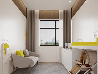 Bright Nursery Room With Gray Sofa Baby Stroller Cabinets And Large Window 3d model