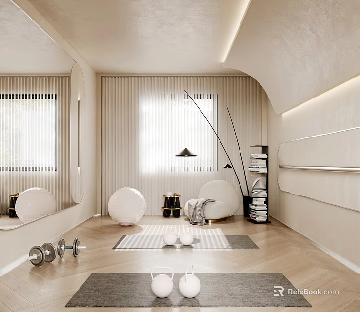 Modern Home Fitness Space With Dumbbells White Chairs Mirrored Walls And Wooden Floor 3d model 