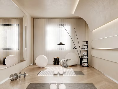 Modern Home Fitness Space With Dumbbells White Chairs Mirrored Walls And Wooden Floor 3d model