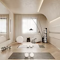Modern Home Fitness Space With Dumbbells White Chairs Mirrored Walls And Wooden Floor