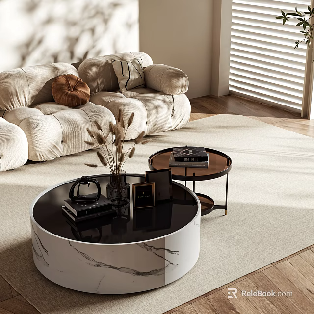Modern Round Marble Coffee Table In Living Room With Books Vase And Photo Frame 3d model 