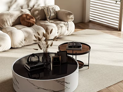 Modern Round Marble Coffee Table In Living Room With Books Vase And Photo Frame 3d model