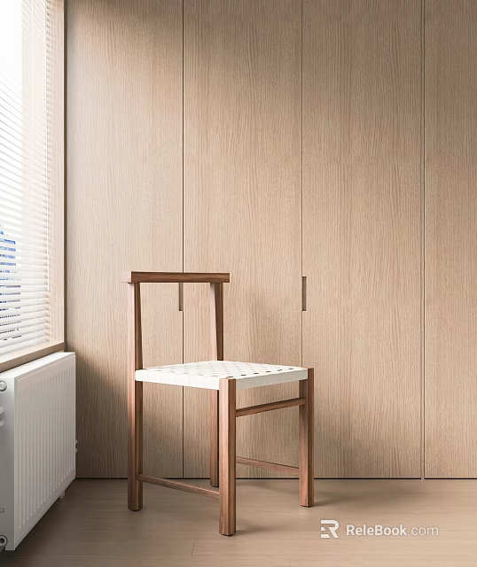 Dining Chair With Dark Wooden Frame And White Seat Against Light Wooden Wall And Cabinets 3d model 