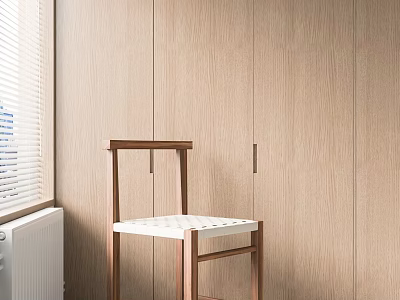 Dining Chair With Dark Wooden Frame And White Seat Against Light Wooden Wall And Cabinets 3d model