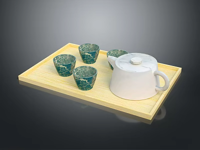 Elegant Tea Set With Bamboo Tray White Teapot And Green Patterned Teacups 3d model