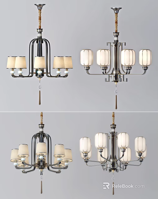 Modern Chandelier with Fabric Shades and Metal Frames Multiple Design Views 3d model