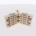 L Shaped Wooden Display Shelves With Multi Tiered Racks Filled With Books And Top Signs