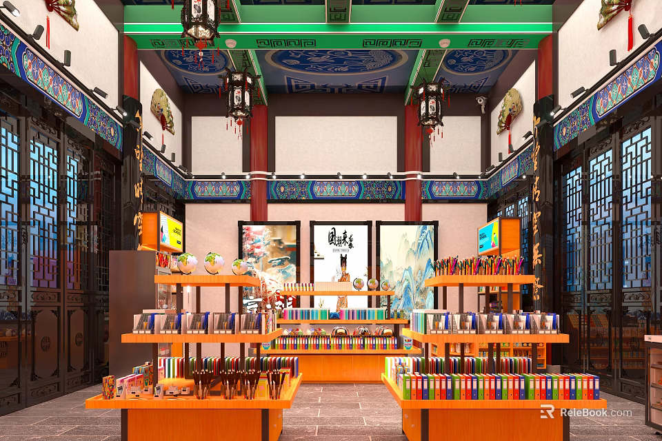 Chinese Traditional Specialty Store With Lanterns Carved Doors Shelves Full Of Goods Green Decor And Lights 3d model 
