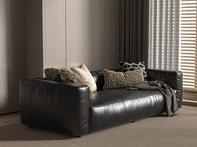 Black Leather Sectional Sofa With Plush Pillows And Throw Blanket In Modern Living Room 3d model