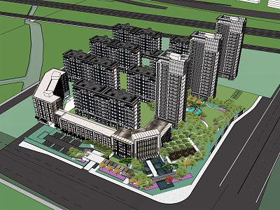 Modern Residential Complex With High rise Low rise Buildings Landscaped Gardens And Central Plaza 3d model