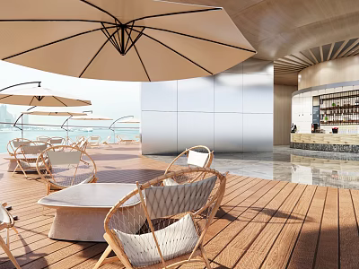 Modern Cafe Outdoor Terrace With Umbrellas Tables Chairs And Wooden Flooring Design 3d model