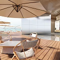 Modern Cafe Outdoor Terrace With Umbrellas Tables Chairs And Wooden Flooring Design