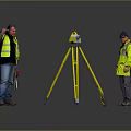Construction Workers With High Visibility Vests Using Yellow Tripod Surveying Instrument