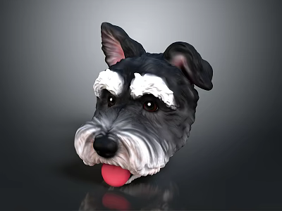 Black and white dog head with white eyebrows whiskers and tongue sticking out 3d model