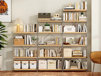 Modern Minimalist Multi Tiered Shelf Unit With Books Decorative Items And Storage Boxes 3d model