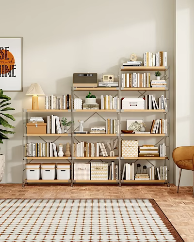 Modern Minimalist Multi Tiered Shelf Unit With Books Decorative Items And Storage Boxes 3d model