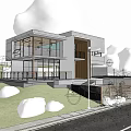 Modern Two Story Single Family House With Concrete Exterior Large Windows And White Car
