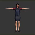 Female Character In Red Sleeved Blue Uniform With Arms Extended Standing On Gray Backdrop
