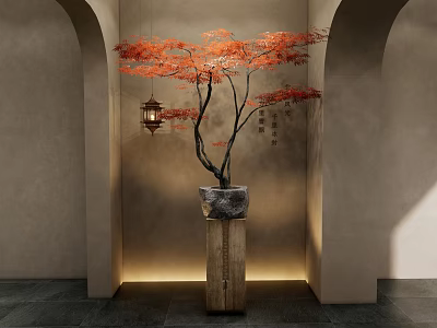 Red Maple Bonsai Tree With Red Leaves In Stone Pot On Wooden Stand By Arched Wall With Lantern 3d model