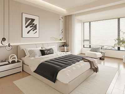 Minimalist Modern Bedroom Interior With Bed Abstract Art Window Blinds And Accent Chair 3d model