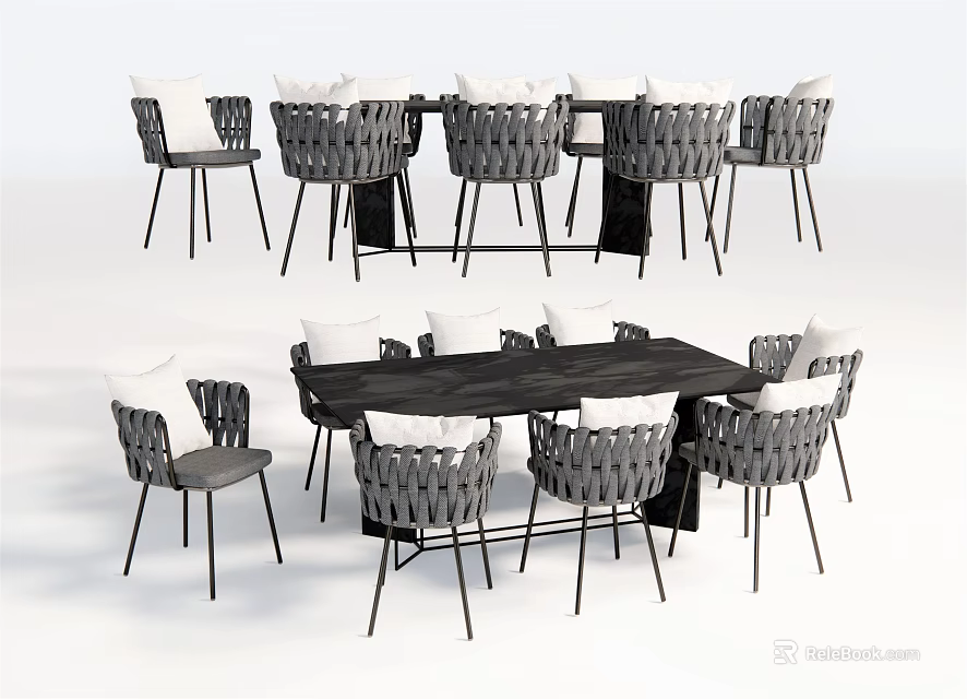 Modern Rectangular Dining Table Set With Gray Woven Chairs And White Cushions 3d model