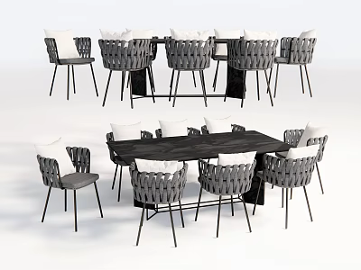 Modern Rectangular Dining Table Set With Gray Woven Chairs And White Cushions 3d model