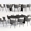 Modern Rectangular Dining Table Set With Gray Woven Chairs And White Cushions 3d model