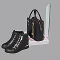 Decorative Accessories Display Set with Books Handbag and Boots on Blue Round Display Stand