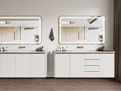 White Double Bathroom Vanity Cabinet With Lighted Mirrors Drawers And Countertop 3d model