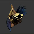 Fantasy Creature Head 3D Model With Blue Feathers Yellow Horns And Orange Eyes