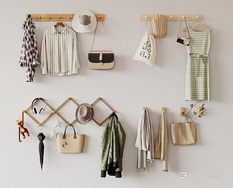 Stylish Wooden Wall Hooks For Hanging Shirts Dresses Hats Bags And Scarves 3d model 