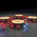 Round Table And Chair Set With Blue Chairs Red Stools For Dining Space 3d model