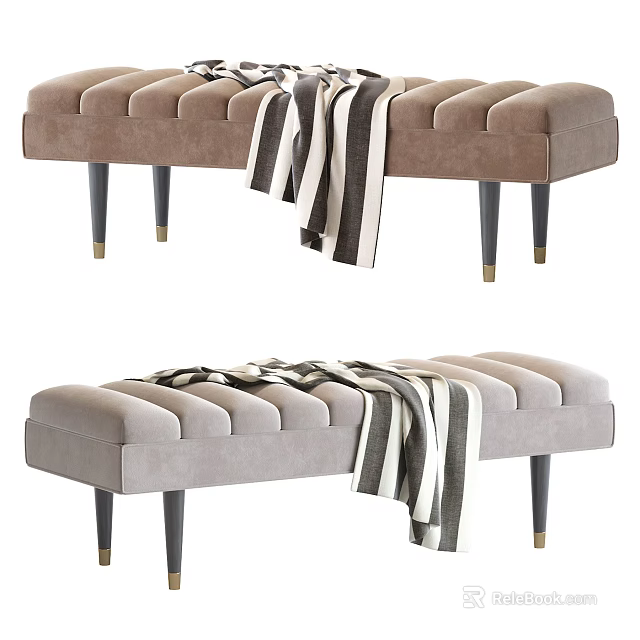 Modern Tufted Beige Velvet Bench With Black Wooden Legs And Striped Throw 3d model 