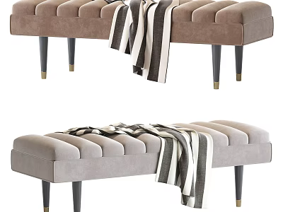 Modern Tufted Beige Velvet Bench With Black Wooden Legs And Striped Throw 3d model