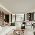 Modern Open Concept Dining Living Room With White Sofa Green Cushions And Round Coffee Table