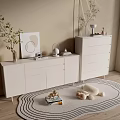 Modern White Entryway Console Cabinet And Sideboard With Decorative Plants Artwork And Rug