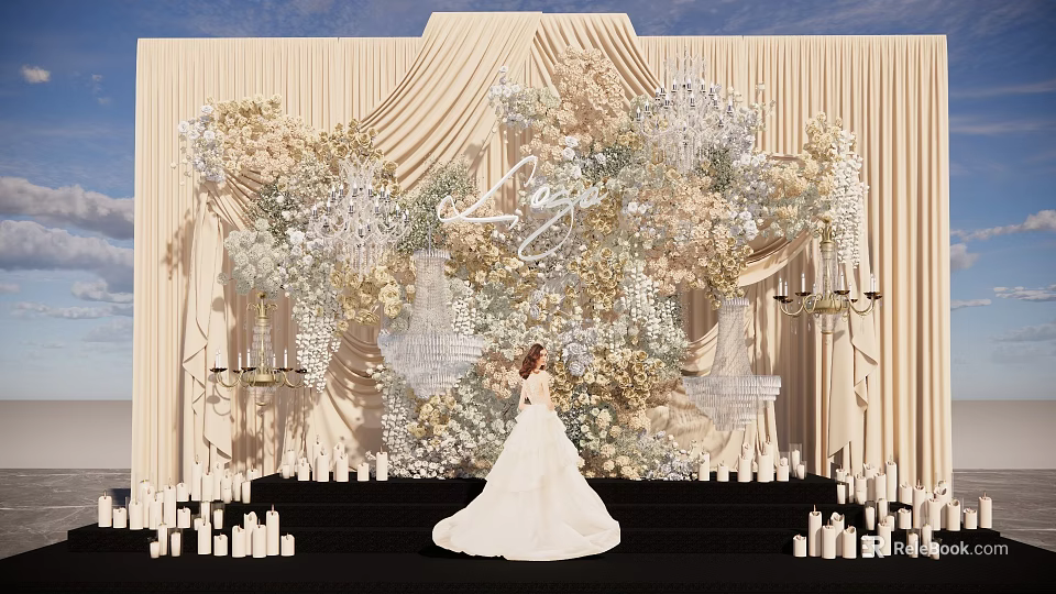 Elegant Wedding Floral Installation With Drapery Chandeliers And Candles Backdrop 3d model 