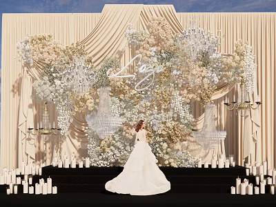 Elegant Wedding Floral Installation With Drapery Chandeliers And Candles Backdrop 3d model
