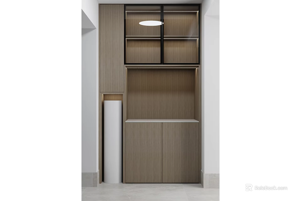 Modern Decorative Cabinet With Wooden Finish Glass Doors And Open Shelves 3d model 
