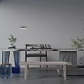 Modern Tea Table And Chairs Interior With Green Plants Marble Top And Wooden Design