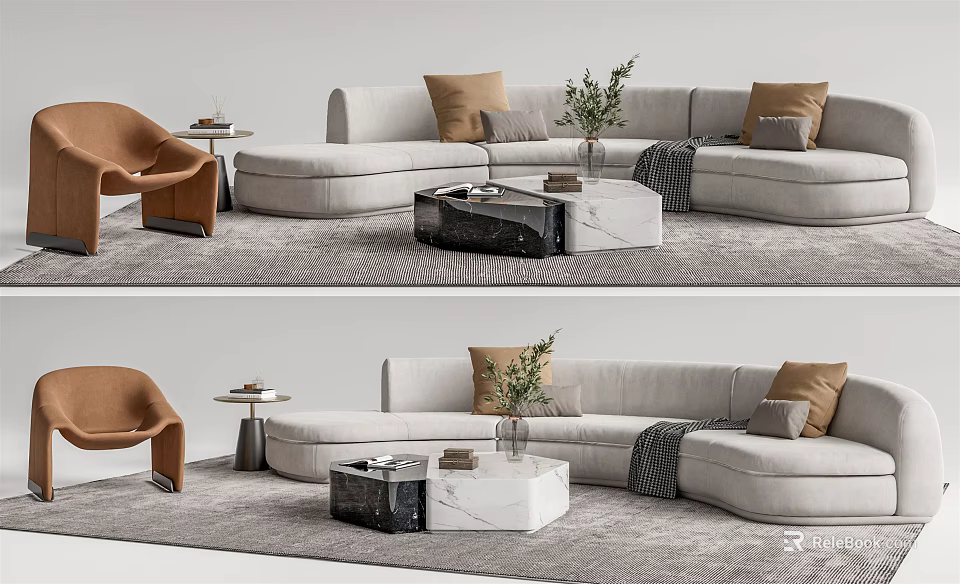 Light Gray Modern Sofa Coffee Table Set Marble Top Table Decorative Pillows And Plant 3d model
