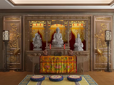 Religious Faith Themed Interior With Buddha Statues Altar And Decorative Carvings 3d model
