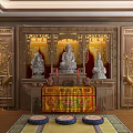 Religious Faith Themed Interior With Buddha Statues Altar And Decorative Carvings