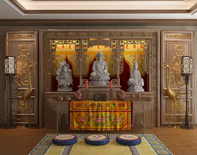 Religious Faith Themed Interior With Buddha Statues Altar And Decorative Carvings 3d model