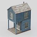 Cartoon Blue Two Story Wooden House With Gray Roof And Porch Windows