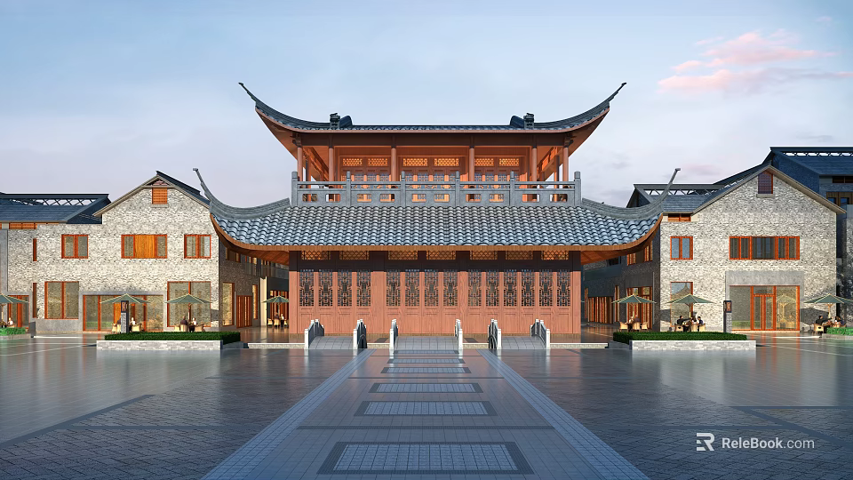 Traditional Chinese Commercial Street with Sloped Roof Ornate Eaves and Stone Pavement 3d model 